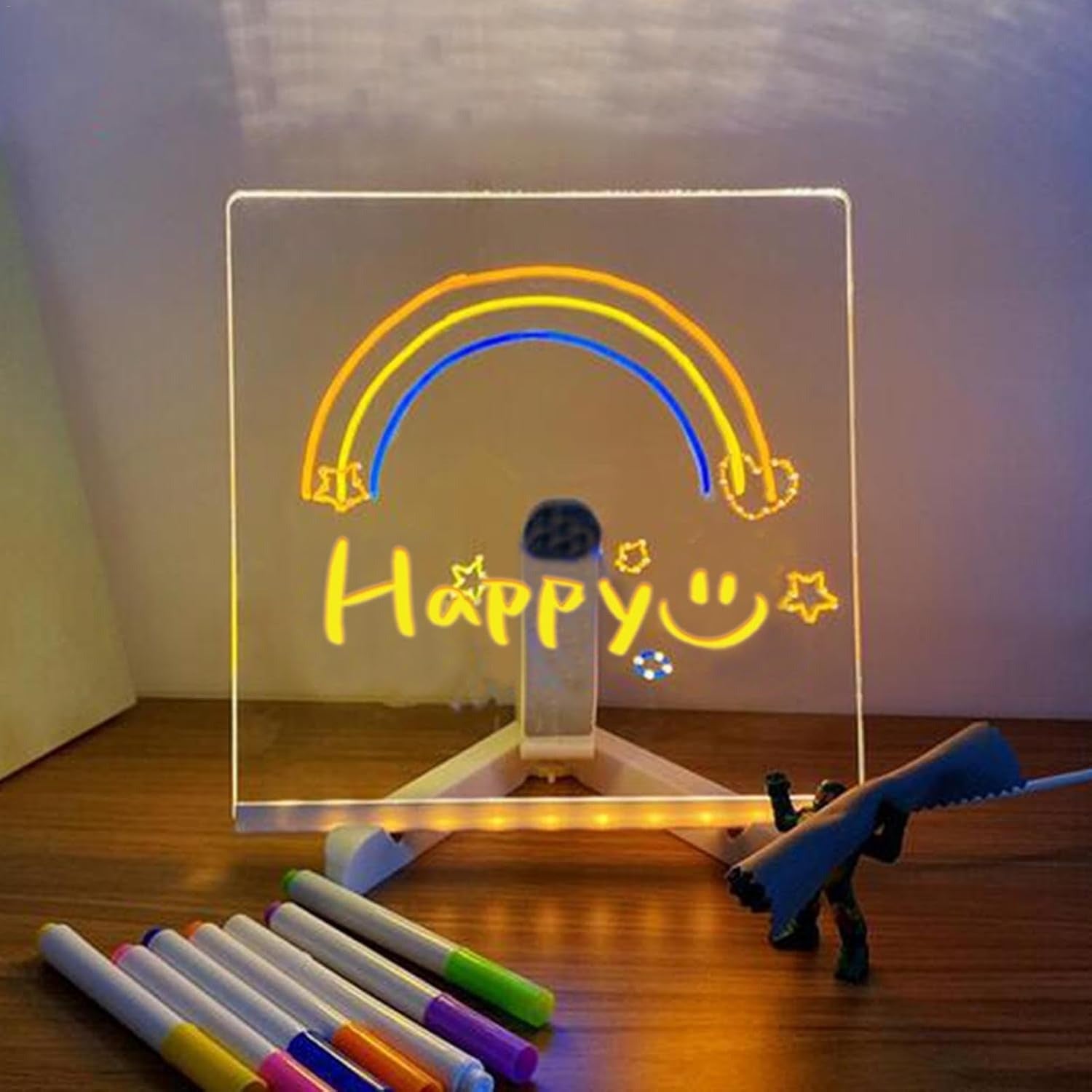 Transparent Acrylic LED Dry Erase Message Board 20x20cm White Stand With Glowing Display
